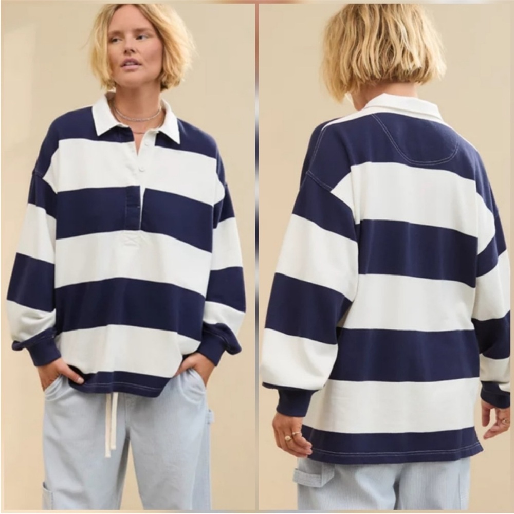 Aerie Rally Rugby Navy and White Striped Sweatshirt Size S
